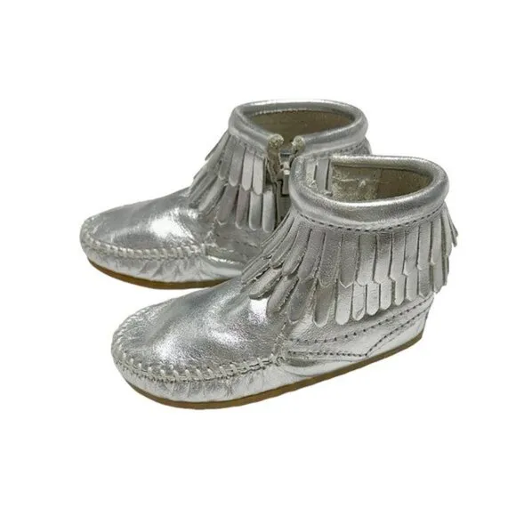 Minnetonka Kids Double Fringe Side Zip Moccasin Boots Metallic Silver