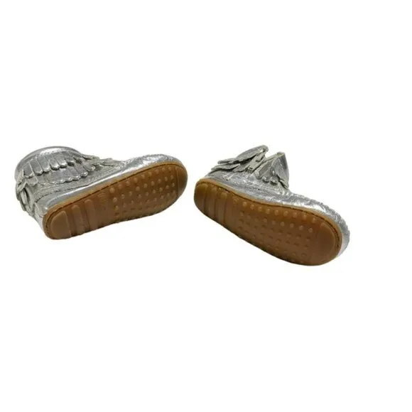 Minnetonka Kids Double Fringe Side Zip Moccasin Boots Metallic Silver