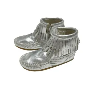 Minnetonka Kids Double Fringe Side Zip Moccasin Boots Metallic Silver
