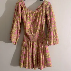 MISA JORDANA DRESS Smocked Waist Mini off the shoulder Dress S/M/XL Pink/Yellow.