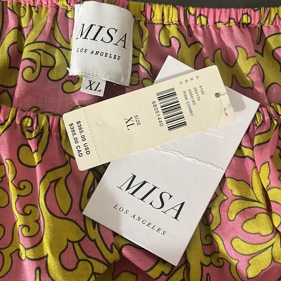MISA JORDANA DRESS Smocked Waist Mini off the shoulder Dress S/M/XL Pink/Yellow.