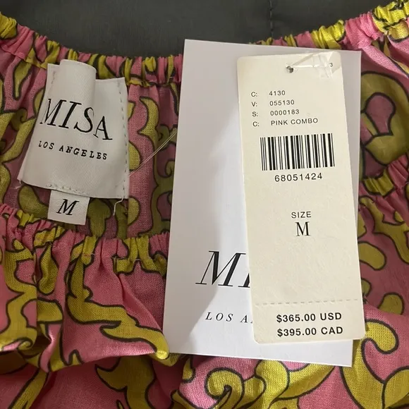MISA JORDANA DRESS Smocked Waist Mini off the shoulder Dress S/M/XL Pink/Yellow.