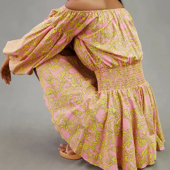 MISA JORDANA Smocked Mini off shoulder Dress Sz S Flora Splendido Pink Yellow