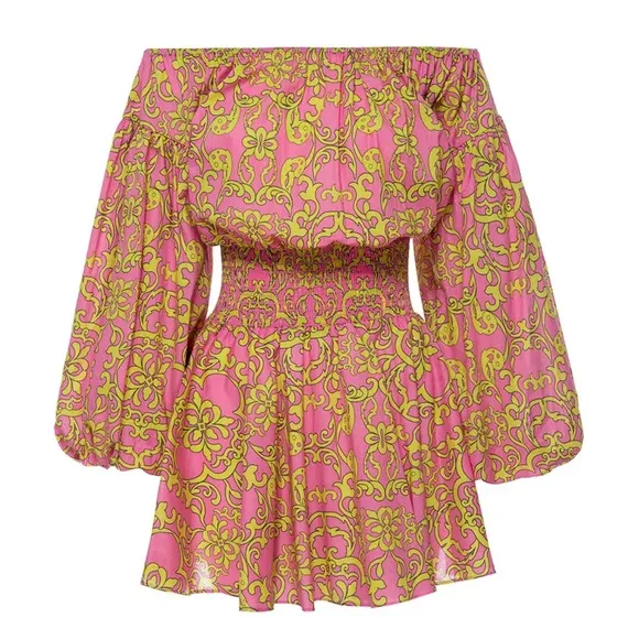 MISA JORDANA Smocked Mini off shoulder Dress Sz S Flora Splendido Pink Yellow