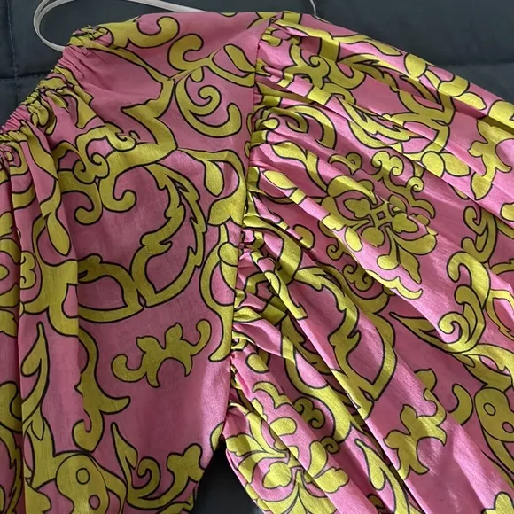 MISA JORDANA Smocked Mini off shoulder Dress Sz S Flora Splendido Pink Yellow