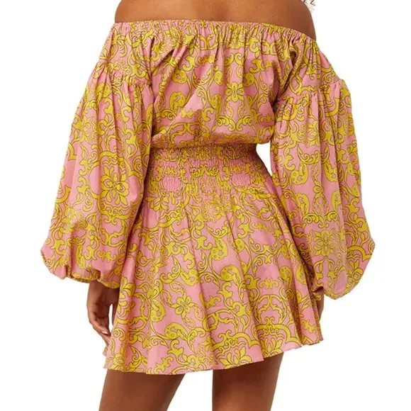 MISA JORDANA Smocked Mini off shoulder Dress Sz S Flora Splendido Pink Yellow