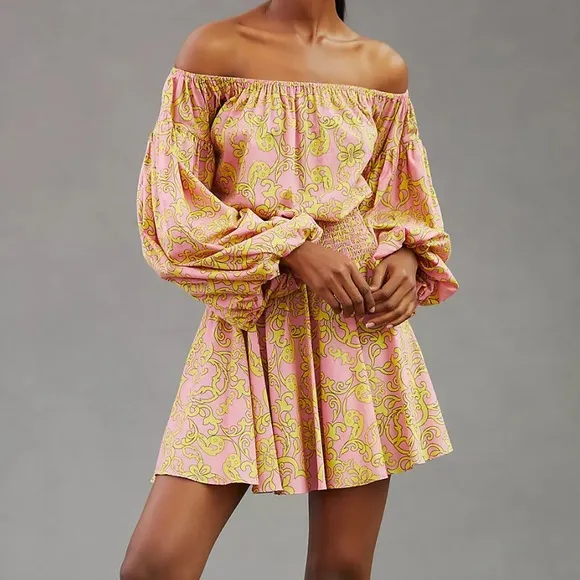 MISA JORDANA Smocked Mini off shoulder Dress Sz S Flora Splendido Pink Yellow