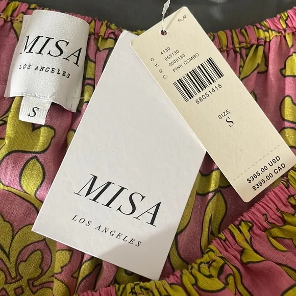 MISA JORDANA Smocked Mini off shoulder Dress Sz S Flora Splendido Pink Yellow