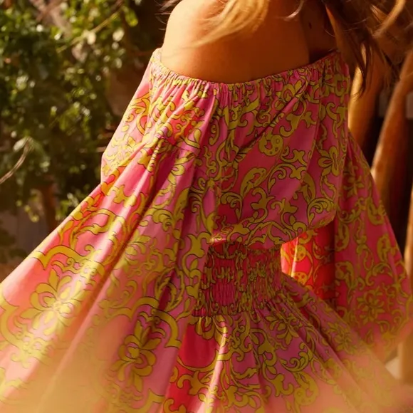 MISA JORDANA Smocked Mini off shoulder Dress Sz S Flora Splendido Pink Yellow