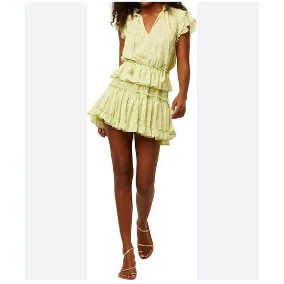 Misa Lilian Tiered Honeydew Ruffle Tie V Neck Clip Dot Mini Dress Size XS NEW