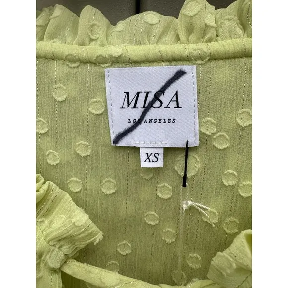 Misa Lilian Tiered Honeydew Ruffle Tie V Neck Clip Dot Mini Dress Size XS NEW