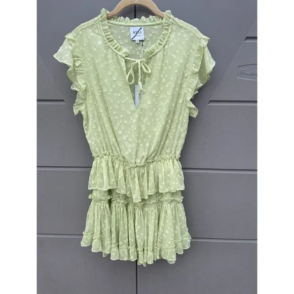 Misa Lilian Tiered Honeydew Ruffle Tie V Neck Clip Dot Mini Dress Size XS NEW