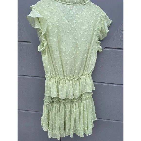 Misa Lilian Tiered Honeydew Ruffle Tie V Neck Clip Dot Mini Dress Size XS NEW