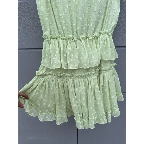 Misa Lilian Tiered Honeydew Ruffle Tie V Neck Clip Dot Mini Dress Size XS NEW