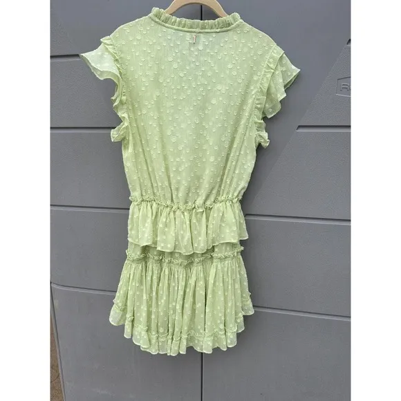 Misa Lilian Tiered Honeydew Ruffle Tie V Neck Clip Dot Mini Dress Size XS NEW