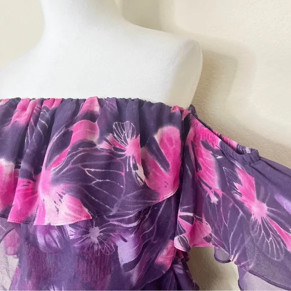 MISA Los Angeles Dalia Purple Floral Off Shoulder Midi Dress