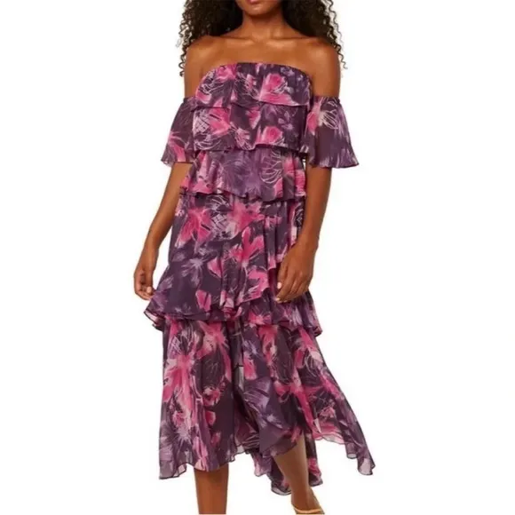 MISA Los Angeles Dalia Purple Floral Off Shoulder Midi Dress