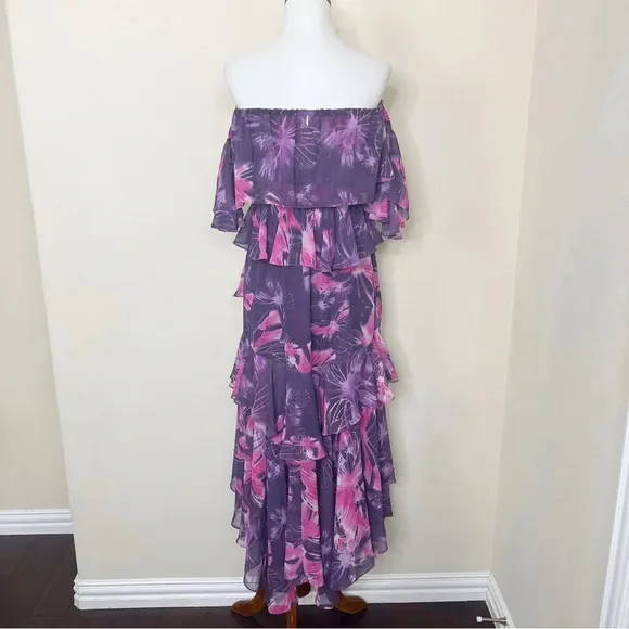 MISA Los Angeles Dalia Purple Floral Off Shoulder Midi Dress