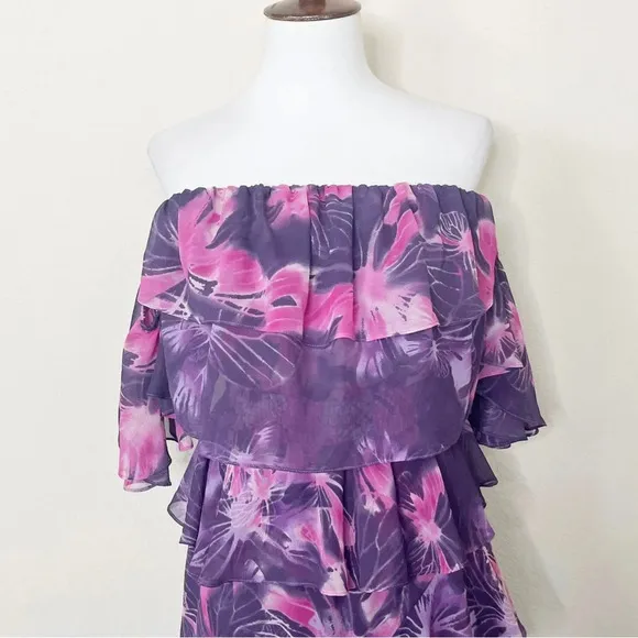 MISA Los Angeles Dalia Purple Floral Off Shoulder Midi Dress