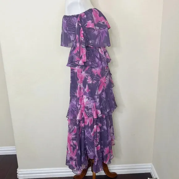 MISA Los Angeles Dalia Purple Floral Off Shoulder Midi Dress