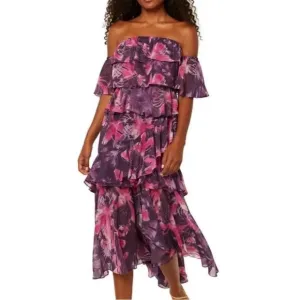 MISA Los Angeles Dalia Purple Floral Off Shoulder Midi Dress