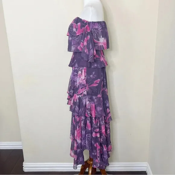MISA Los Angeles Dalia Purple Floral Off Shoulder Midi Dress
