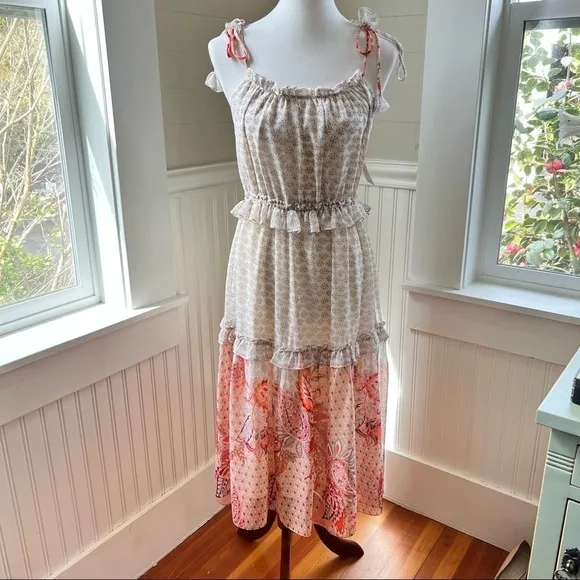 Misa Los Angeles Dionica Ruffled Midi Dress Medium whimsical boho romantic NWT