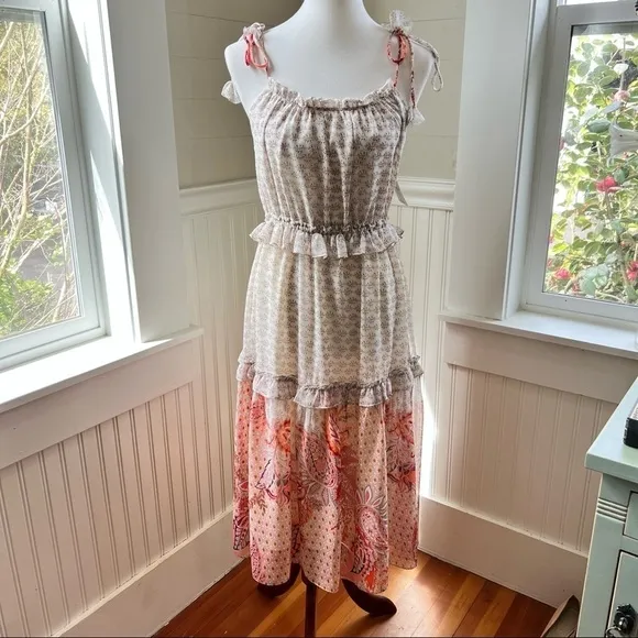 Misa Los Angeles Dionica Ruffled Midi Dress Medium whimsical boho romantic NWT
