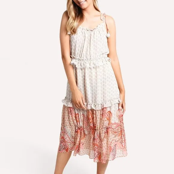 Misa Los Angeles Dionica Ruffled Midi Dress Medium whimsical boho romantic NWT