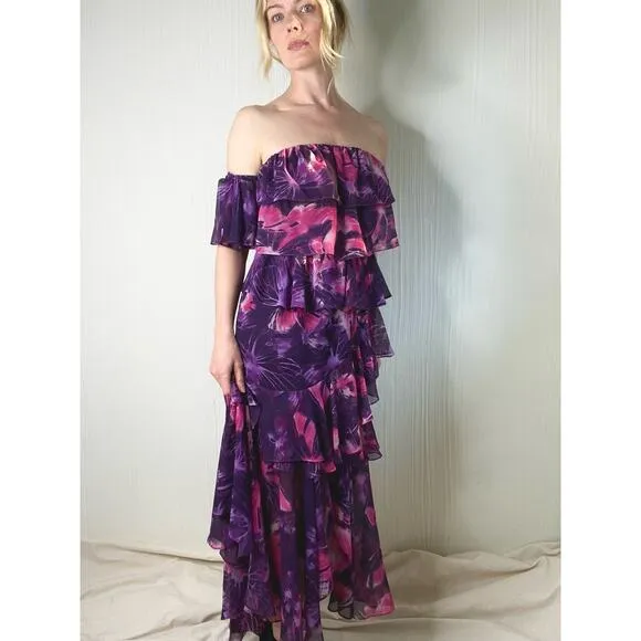 MISA LOS ANGELES Purple Floral Ruffled Off the Shoulder Maxi Dress US MEDIUM
