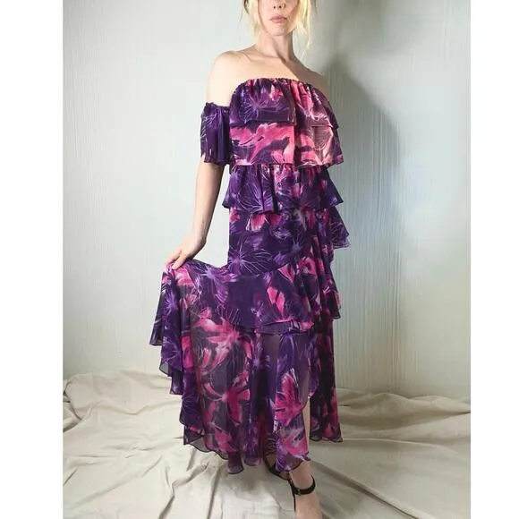 MISA LOS ANGELES Purple Floral Ruffled Off the Shoulder Maxi Dress US MEDIUM