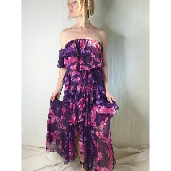 MISA LOS ANGELES Purple Floral Ruffled Off the Shoulder Maxi Dress US MEDIUM