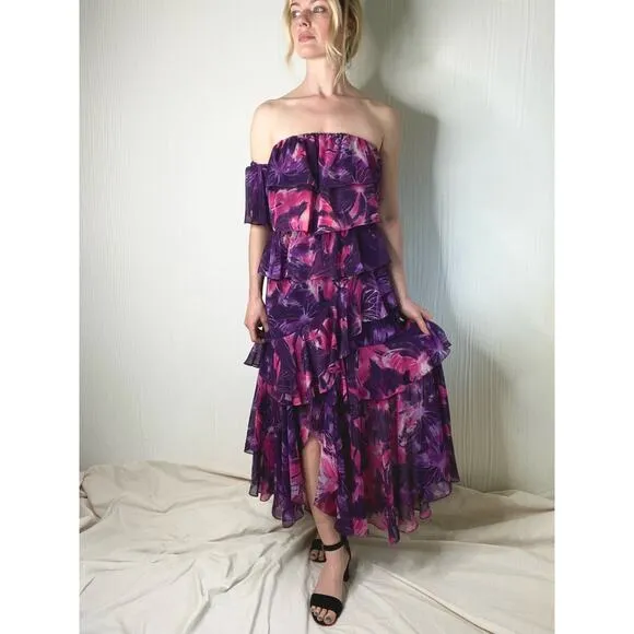 MISA LOS ANGELES Purple Floral Ruffled Off the Shoulder Maxi Dress US MEDIUM