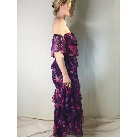MISA LOS ANGELES Purple Floral Ruffled Off the Shoulder Maxi Dress US MEDIUM