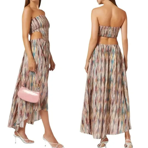 MISA Myka Ikat Strapless Cutout Smocked Cotton Blend Dress Size S NWT
