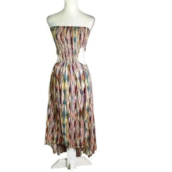 MISA Myka Ikat Strapless Cutout Smocked Cotton Blend Dress Size S NWT