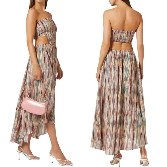 MISA Myka Ikat Strapless Cutout Smocked Cotton Blend Dress Size S NWT