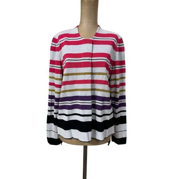 Misook Metallic Silver &amp; Pink Round Neck Hidden Button Long Sleeve Blazer XL