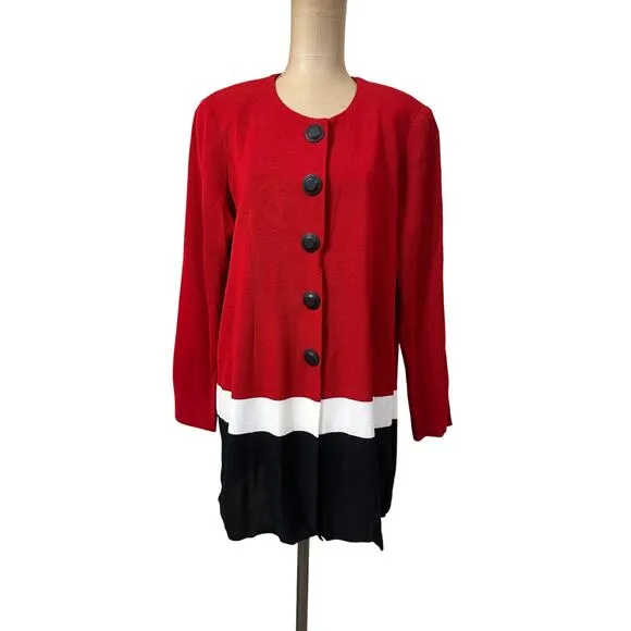 Misook Round Neckline Button Closure Red &amp; Black Knit Jacket Blazer size XL
