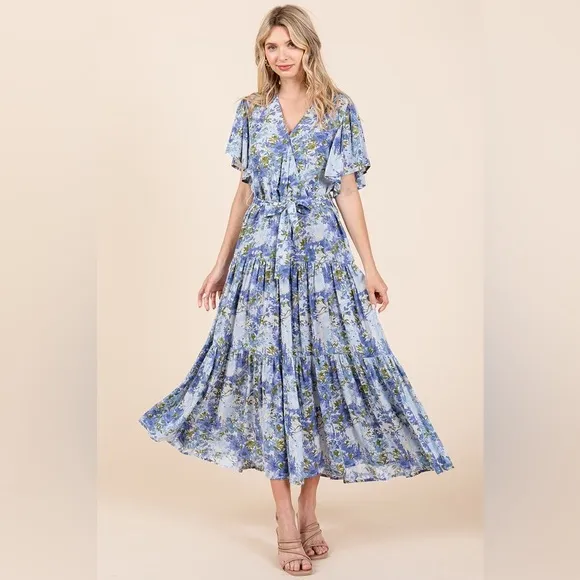 Mittoshop Floral Tie Waist Flutter Sleeve Tiered Dress
