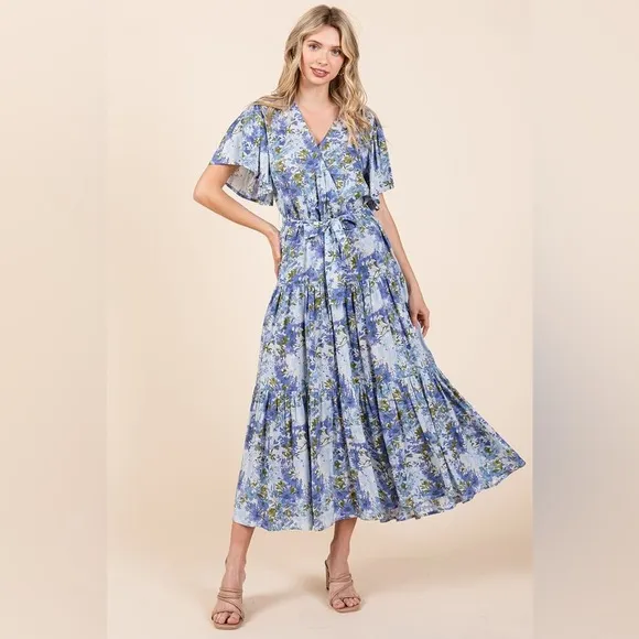 Mittoshop Floral Tie Waist Flutter Sleeve Tiered Dress
