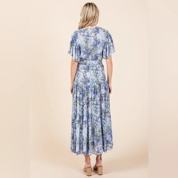 Mittoshop Floral Tie Waist Flutter Sleeve Tiered Dress