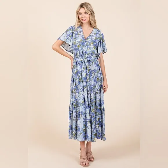 Mittoshop Floral Tie Waist Flutter Sleeve Tiered Dress