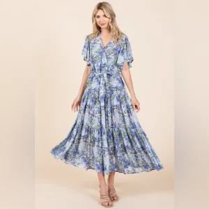 Mittoshop Floral Tie Waist Flutter Sleeve Tiered Dress