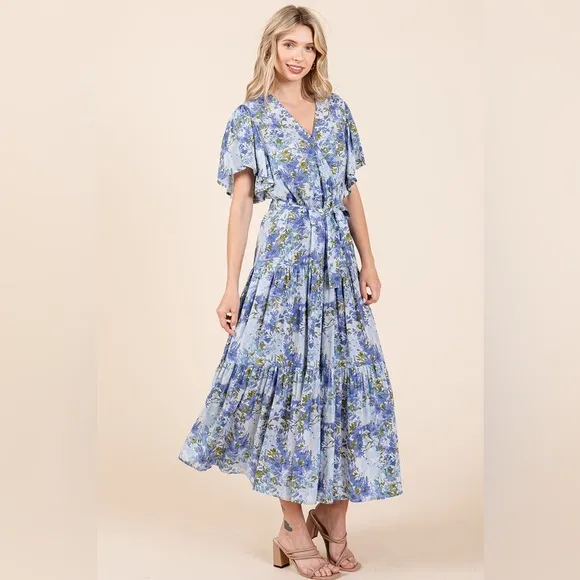 Mittoshop Floral Tie Waist Flutter Sleeve Tiered Dress