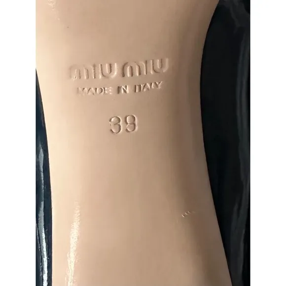 Miu Miu Peep Toe Pumps Bow Detail Block Heel Patent Leather Navy Blue 39