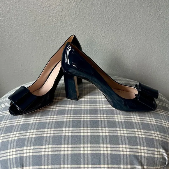 Miu Miu Peep Toe Pumps Bow Detail Block Heel Patent Leather Navy Blue 39