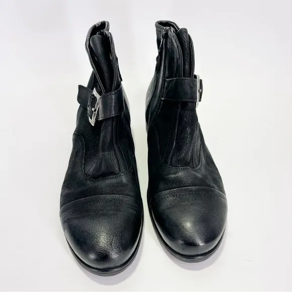 Miz Mooz WIDE Siggy Leather Buckle Strap Ankle Booties Distressed Zip Side