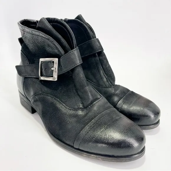 Miz Mooz WIDE Siggy Leather Buckle Strap Ankle Booties Distressed Zip Side