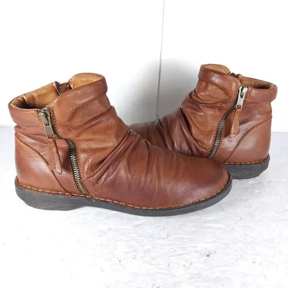 Miz Mooz Women's Pleasant US9,5 EU40 Brown Leather Ruched Side Zip Ankle Boots